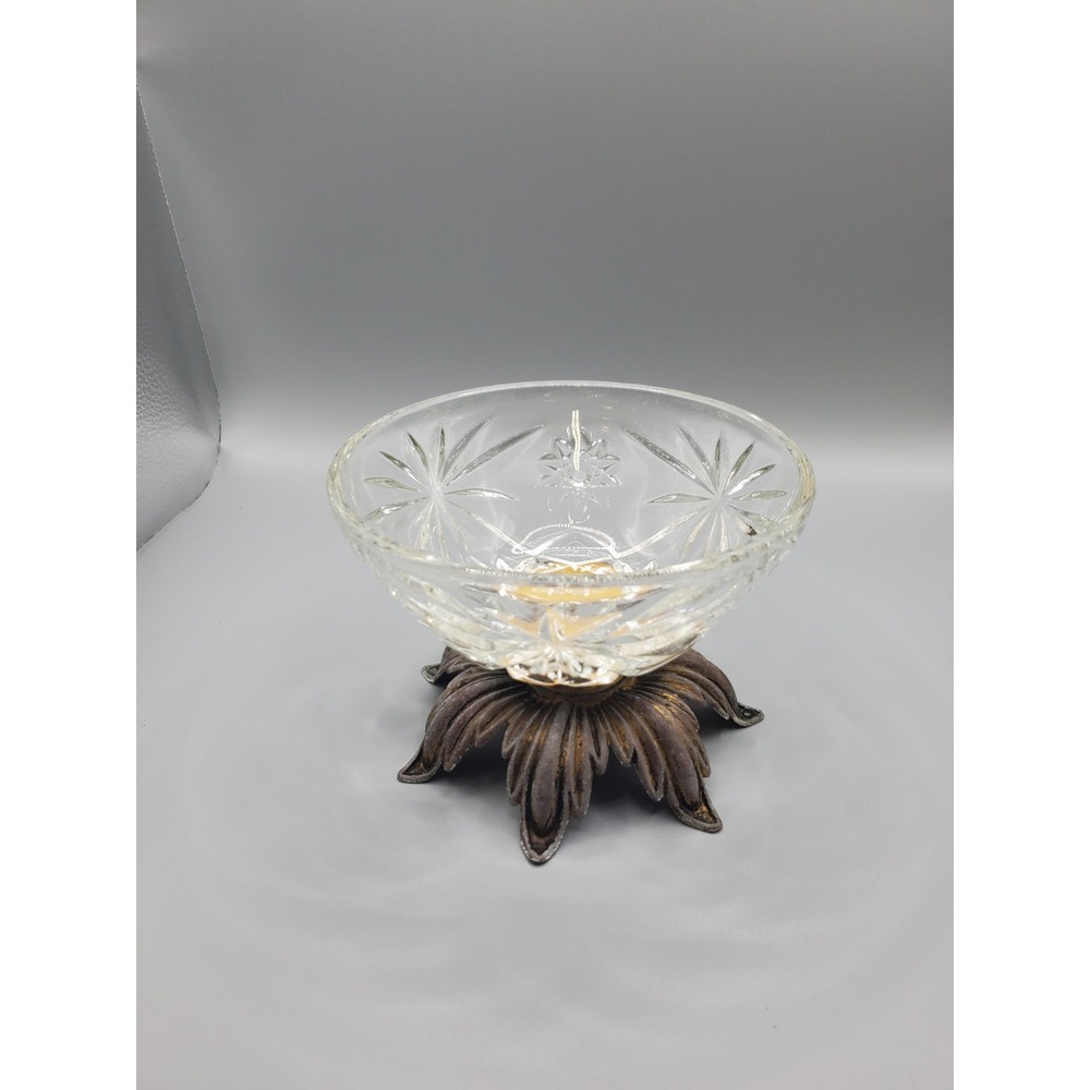 Vintage Fancy Cut Glass Bowl On Footed Brass Stand